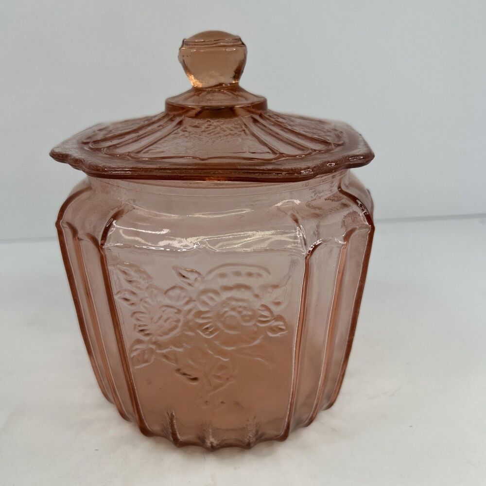 Vintage Pink Depression Glass Cookie Jar Mayfair Open Rose Anchor Hocking Lid